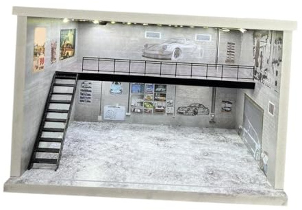 AlluraPet 1/18 Garage Diecast Vitrine Acryl mit Lichtern Staubdichte Mini Diecast Auto Aufbewahrungsbox für Modellsammlung, Spielzeugautos, Reparaturwerkstatt- Style G