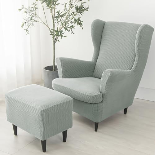 Generisch 3 Teilig Ohrensessel Überzug Mit Ottomane Schonbezug, Sesselbezug Stretch + Polsterhocker, Sessel-Überwürfe Sesselhusse, Stuhlbezug Universal rutschfest Abnehmbarer,Grau