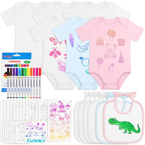 Aolso Baby haklappar för målning, 8 stycken babyvita haklappar, bomullskappar för målning för baby, med 8 textilpennor och ritmall, presenter till babyparty