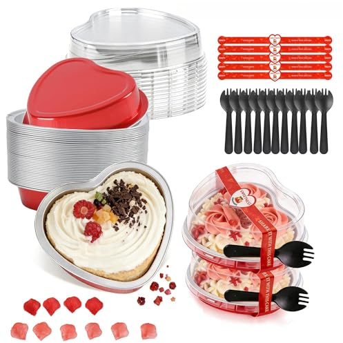 NPLUX Heart Shaped Cake Pans with Lids 9oz, Disposable Aluminum Mini Heart Cake Pans for Baking, Valentine's Day Dessert Cups, To Go Containers for Parties, Weddings, Birthdays, Home Bakery