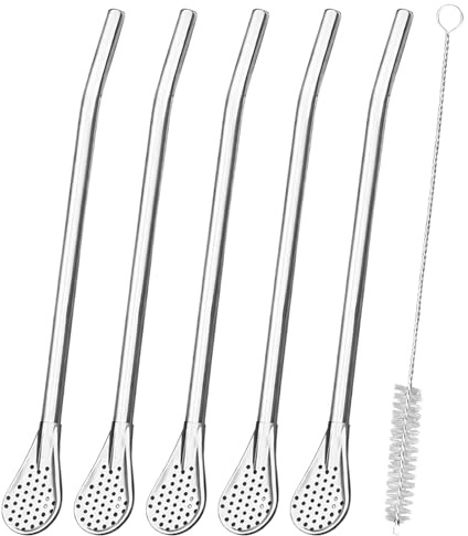 5 Pack Reusable 304 Stainless Steel 2-in-1 Filter Straw Spoons for Drinks | Includes cleaning brush, fits coffee smoothies & yerba mate, smooth burr-free finish, simple hassle-free daily maintenance