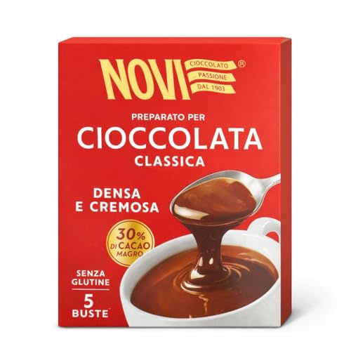 Cioccolata Calda Classica Densa e Cremosa Novi - Preparato In Bustine - 30% Cacao Magro – Senza Glutine – 5 Buste