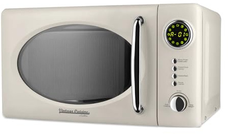 Vintage Cuisine Retro-Mikrowelle mit Display, 700W, 16L, Grillfunktion, Abtaufunktion, Metall, Glas-Drehteller (Creme)