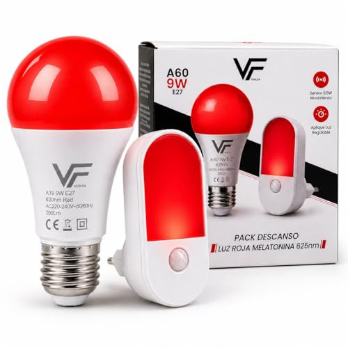 VERLSA Pack 2 Luz Roja Nocturna Melatonina 625nm, Bombilla E27 + Sensor | Bombilla Luz Roja Para Dormir E27 9W + Luz Enchufable 1W con Sensor de Movimiento, Flicker-Free, 0% Luz Azul