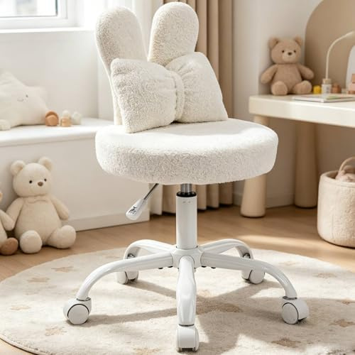 LEADZM Homeoffice Stuhl, Schminkstuhl, Kinder Schreibtischstuhl Weiß | für Kinderzimmer kinderschreibtischstuhl Jungendstuhl ohne Armlehne Drehstuhl für Kinder,Teddyplüschstoff