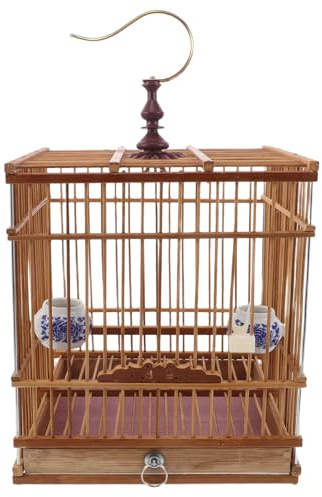 BESPORTBLE Cage à Oiseaux et Crochet Suspendu en Bambou Vintage Rectangulaire Plateau Détachable avec Porte Verrouillable pour Zosterops en Intérieur ou Balcon