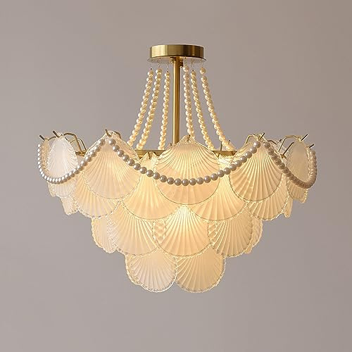 50,8 cm Milchglas Muschel-Kronleuchter, 4-stöckig, Perle, Art-Deco, halbbündige Deckenleuchte, Gold, rund, nordische moderne Pendelleuchte für Mädchen, Schlafzimmer, Wohnzimmer