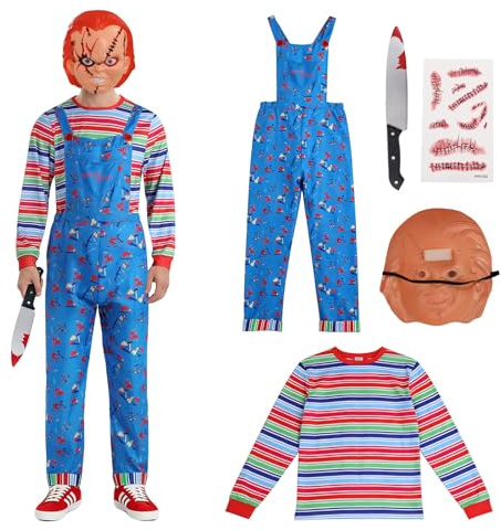 5PCS Chucky Costume Adult Men Killer Doll Outfit for Halloween Cosplay | Scary Movie Overalls, Rainbow Striped Shirt, Chucky Mask, Knife Prop, Stickers, Elastic Waistband, Front Pocket, Vivid Prints
