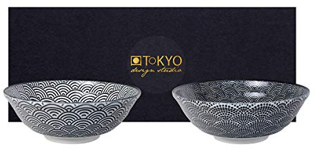 TOKYO design studio Nippon Black Set de 2 Bols Noir et Blanc, Ø 21 cm, env. 1000 ML, Porcelaine d'Asie, Porcelaine Japonaise avec Motifs Noirs, boîte Cadeau Incluse