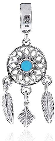 Traumfänger-Charm aus 925er-Sterlingsilber, Feder-Anhänger, Engelsflügel, Blumen-Charm für Pandora-Armband (A)