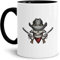 Skull-head Becher/Totenkopf-Tasse Innen & Henkel Schwarz mit Aufdruck mit Cowboyhut und Revolvern