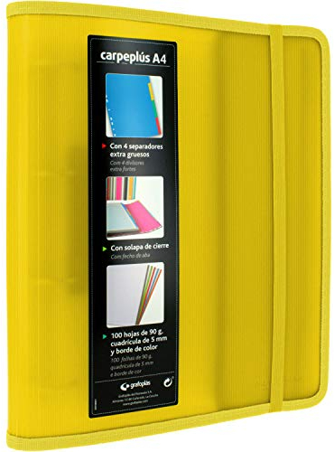 Grafoplás 88200060. Classeur à 4 anneaux A4, jaune, polypropylène, avec rabat latéral, recharge de 100 feuilles, intercalaires et enveloppes transparentes, Multiline.