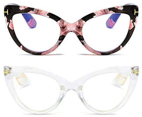 MMOWW Confezione da 2 Occhiali da Lettura Donna con Occhio di Gatto - Occhiali anti-blu Comodi e Alla Moda Grande Cat Eye (Chiaro+Pattern, 1.5)