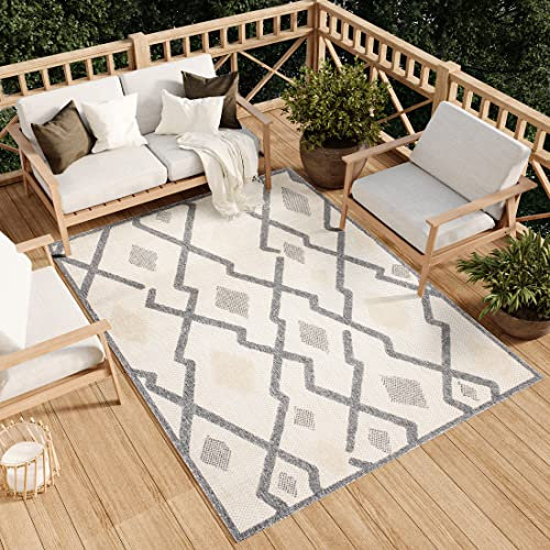 TAPISO Viera Teppich Outdoor Indoor Creme Grau Streifen Loop-Teppich Terasse Balkon Wasserabweisend Strapazierfähig UV-Beständig ÖKO-TEX 80 x 150 cm