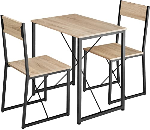 tectake Sitzgruppe 3-teilig im Industrie-Design, Essgruppe für 2 Personen aus Holz + Metall, Esstisch mit 2 Stühlen, für Esszimmer Küche, schwarzes Metallgestell (Industrial Holz hell, Eiche Sonoma)