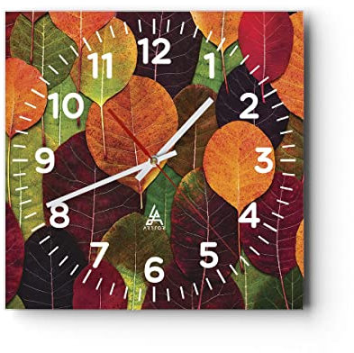 Modern Wanduhr Herbst Blätter Grafiken 40x40cm Quadrat Groß Wand Uhr Glas Analog Zimmeruhren Küche Büro Wohnzimmer Glasuhr Wall Clock Dekoration Design Wanddekoration Küchenuhr C4AC40x40-4635