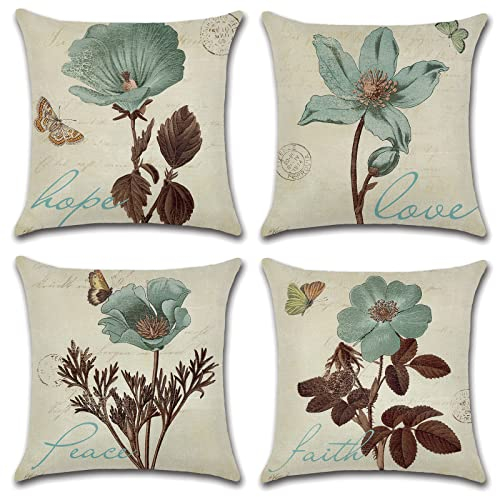OCEUMACO Leinen Kissenbezug 45x45 Vintage Blumen Kissenhülle 4er Set Quadratisch Sofakissen Dekokissen Bezug für Couch Butterfly Kissen Kissenbezüge Outdoor Deko Zierkissen Couchkissen - Grün