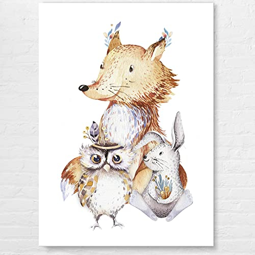 Wunderschönes Kinderzimmer Wand-Bild Fuchs Hase Eule | als 50x70cm großes Leinwand-Bild zur Deko - gedruckt auf schadstofffreiem STANDARD 100 by OEKO-TEX® geprüften Leinwandstoff - aufhängefertig