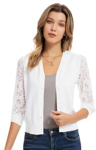 GRACE KARIN Ladies Elegant Cropped Cardigans 3/4 Lace Sleeve V-Neck Open Front Knitwear Shrug for Dress Button up White XL