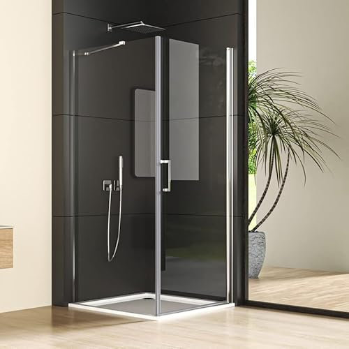 Duschkabine Schwingtür mit Seitenwand 90x80cm Eckeinstieg Duschabtrennung, Silber Einzelschwingtür mit festem Seitenteil, Duschwand mit 6mm NANO ESG Glas, Pendeltür Höhe 195cm