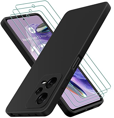 Oureidoo Funda para Xiaomi Redmi Note 12 Pro+ 5G con 3 Piezas Cristal Templado, Carcasa de Sedoso-Tacto Suave Silicona, Cubierta a Prueba de Golpes con Forro de Microfibra, Negro
