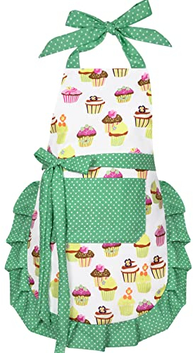 Claswcalor 100% Baumwolle Schürzen für Frauen mit Taschen, niedliche Cupcake-Schürze mit verstellbarem Halsband, grüne Erwachsene, Küche, Kochschürze