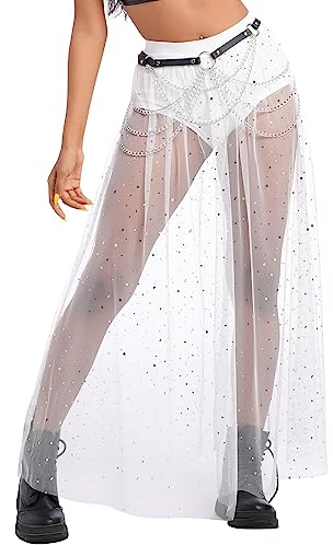 Festival Outfit Damen Rave Techno Sexy 2 in 1 Transparent Mesh Rock Shorts High Waist Maxirock Y2K Glitzer Sterne Pailletten Gothic Tüllrock Teenager Mädchen Party Streetwear Clubwear Weiß M