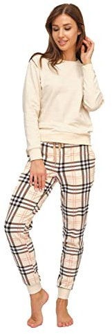 Rocks Me Baby Damen Schlafanzug Lang mit Bündchen Zweiteiliger einfarbiger Oberteil mit Rundhals und Karierte Hose mit Tasche - Baumwolle Pyjama Regular Fit, Größe L, Beige