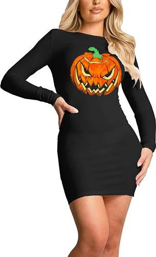 Deerose Damen Halloween Kostüm Kleid Slim Fit Stretchy Bodycon Kleider, H | Jack-o-Laterne, L