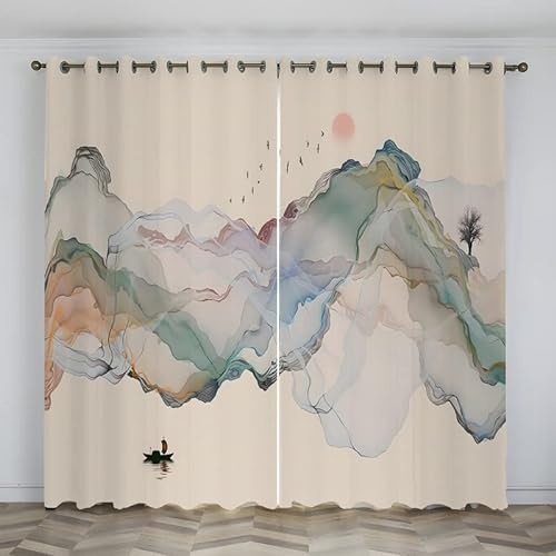 Boceoey Vorhang Blickdicht Berg Vorhänge mit ösen, Verdunklungsvorhänge für Wohnzimmer Schlafzimmer, Gardinen Japanischer Stil Thermovorhang ösenvorhang 2er Set, H220xB140 cm