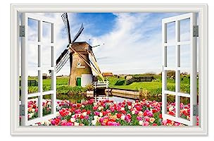 DHAEY Quadro Vista Finestra. Immagini del mulino a vento del tulipano rosa della pittura di paesaggio urbano. Immagini di paesaggi di finestre Decorazioni da parete 60x100cm Solo tela