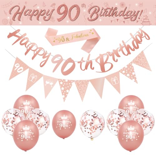 DEARLIVES 14 Pieces 90th Happy Birthday Decorations,Rose Gold 90th Birthday Party Supplies Including Happy 90th Birthday Banners Birthday Straps Triangle Flag Bunting Confetti Latex Balloons