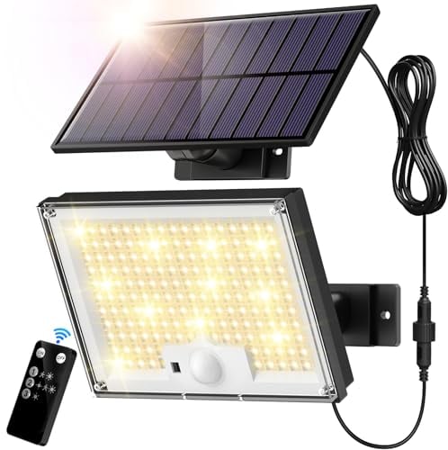 SIGRILL Solarlampen mit Bewegungsmelder 172LED Solarleuchten Aussen, Solar Strahler IP65 Außenwandleuchte Warmes Licht Gartenleuchten mit 5m Kabel, Garage