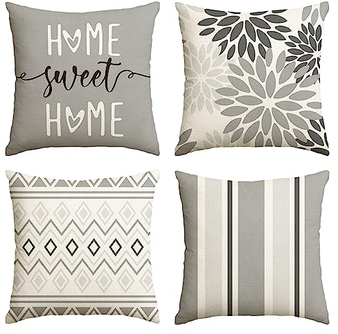 Artoid Mode Grau Dahlien Geometrisch Kissenbezüge 4er Set, 50x50 cm Frühling Zierkissenbezug Cushion Cover Couch Wohnzimmer Außenbereich Deko