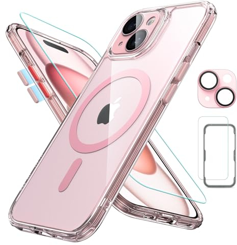 ESR für iPhone 15 Hülle Set (5 in 1), durchscheinende Matte Hülle mit Displayschutzfolie und Kameraschutz, kompatibel mit MagSafe, Militärnorm Schutz, Classic Serie, Mattiertes Rosa