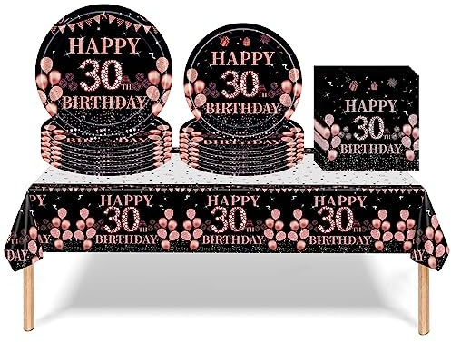 53Pcs Black Rose Gold 30th Happy Birthday Party Tableware Decorations for Her Plastic Table Cloth,7,9inch Paper Plates,Napkins for Women Birthday Table Party Tableware Set for Girls Women Adults