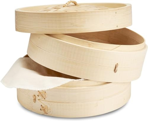 Florauspicious Bamboo Steamer Handmade Basket, Traditional 2-Tier Design - for Dumplings, Rice, Dim Sum, Vegetables, Fish and Meat - Incl. 2 Cotton Cloths (12-Inch)…