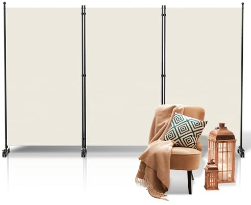Fiqops Raumteiler auf Rollen 3 Teilig 263x181 cm, Paravent Outdoor Wetterfest und Trennwand für Büros, Balkon - Beige