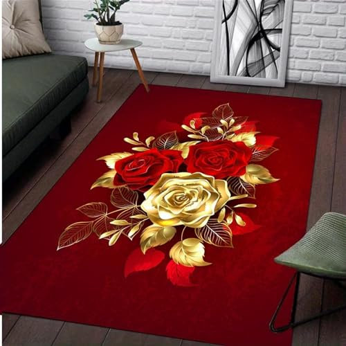 Area Rugs Modern Carpets Living Room Rug, 3D Red Rose Gold Plant Flowers Soft Short Medium Pile Rugs Non Shedding Anti Slip Washable Floor Mats For Bedroom Kids Room Decor 160 X 230 Cm / 62.99 X -3P8