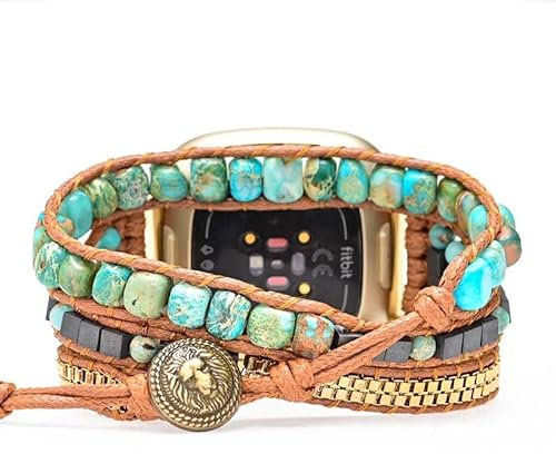 Juaupepo Bracelet de montre bohème en pierre naturelle colorée compatible avec Fitbit Versa 4/Versa 3/Sense 2/Sense, bracelet en jaspe naturel coloré pour homme et femme, Versa 4-S, tissé à la main,