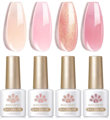 Born Pretty UV Nagellack Milky Jelly Milchig Nude Rosa - Gel Nagellack UV Natur Kristall Transparent UV Lack Soft Bean Serie Maniküre und Nagelkunst DIY zu Hause 4PCS