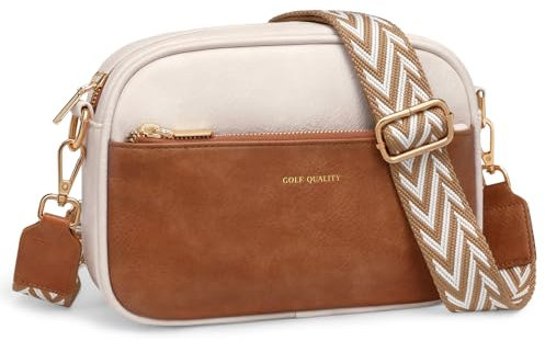 GOLF QUALITY Kleine Damen Umhängetaschen, Bauchtasche Herren Handy Crossbody Bag Damen Leder Crossbody Bag Kartenschlitz Brusttasche mit Verstellbar Abnehmbar Breiter Gurt, Weiß Braun