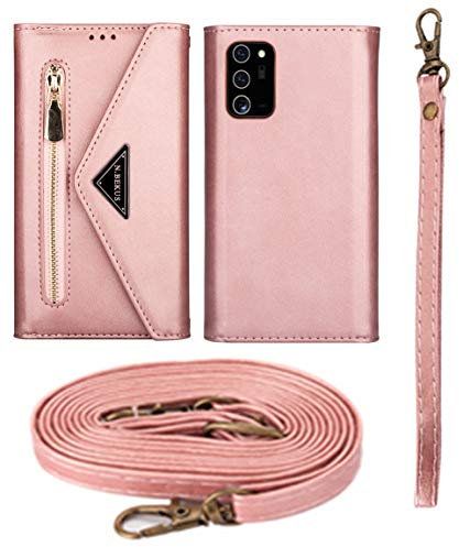 Custodia a portafoglio per Huawei Mate 10 Lite, custodia a portafoglio in pelle opaca con cerniera staccabile cinturino da polso e tracolla