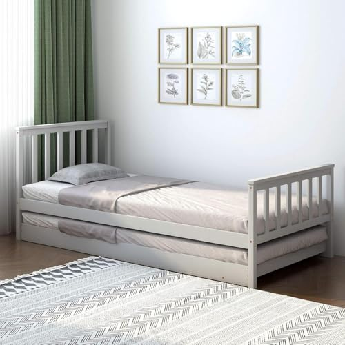 Panana Modern 2-in-1 Trundle Solid Pine Wood Single Bed Frame With Extra Sleepover Bed (Grey, 3 ft Single)