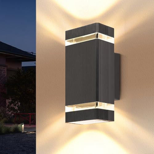 YICALE Outdoor Wall Lights Mains Powered,IP65 Waterproof Outside Wall Light,LED Up Down Lights Outdoor Square Black Aluminium Porch Front Door Light for House,Garden,Garage,6W GU10*2