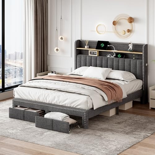 Jtyca Double Bed, Upholstered Double Bed Frame Frame with Storage Drawers, Linen Platform Bed Frame with Charging-Port and LED-Lighting, No Box Spring Needed, 4FT6-135 x 190 cm, Grey, (No Mattress)