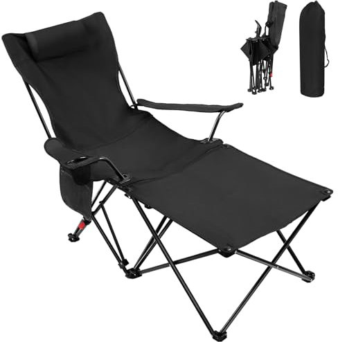 ideasy Chaise Camping Pliante, 4 Positions Ajustables Fauteuil Pliant Camping 3-en-1, avec Porte-gobelet, Poche de Rangement, Appui-tête, Idéal pour Activité de Plein Air, Pêche et Jardin-Noir