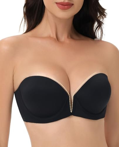 Reggiseno senza spalline push up antiscivolo profondo V Plunge reggiseno per donna senza spalline super imbottito Add 2 Coppa Bustier con ferretto, Nero , 3C