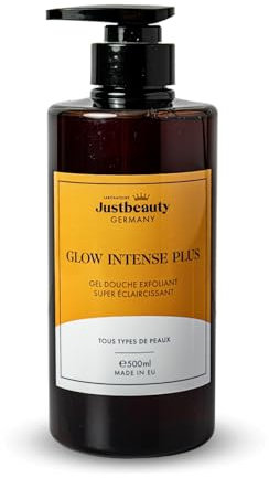 Glow Intense Plus - Gel douche 4 en 1 avec effet exfoliant - Éclaircissant et hydratant - Avec acide kojique, arbutine et glutathion - Pour une peau lisse et éclatante