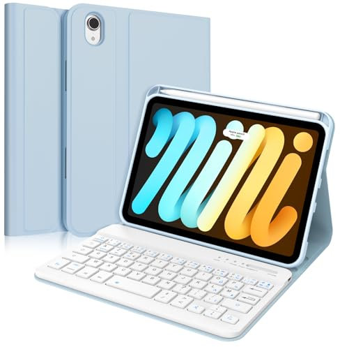 SENGBIRCH Coque Clavier pour iPad Mini 7 (A17Pro) 8.3 2024 - AZERTY Français Clavier Détachable sans Fil Bluetooth, Étui Clavier pour pour iPad Mini 7 8.3 Pouces 2024, Bleu Chair